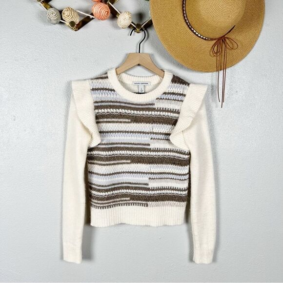 Autumn Cashmere Broken Stitch Cashmere Neutral Stripe Ruffle Sweater Size XS - Picture 6 of 7